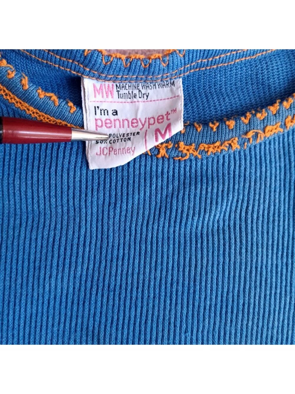 True Vintage Girls Shirt 5-6 1980's THin KNit JC PENNEY BLUE/ORANGE TRIM Top
